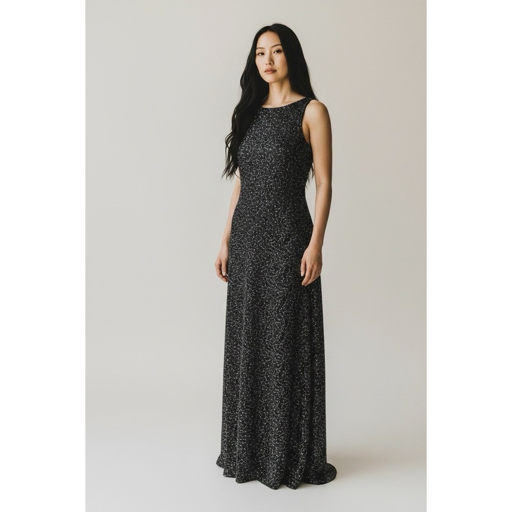 Vintage Sténay Black Beaded Sequin Silk Evening Gown Dress Size 14 Formal Maxi